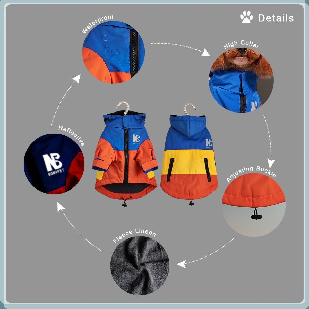 Reflective winter jacket for pets with color block design.