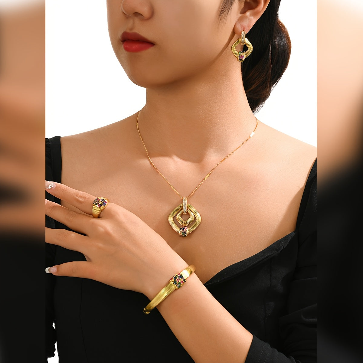 Vintage Luxury Style Jewelry Set by MEIZ - Elegant 18K Gold-Plated Zirconia Set Includes Necklace, Earrings, Bracelet, and Ring - Ideal for Everyday Wear or Gifting