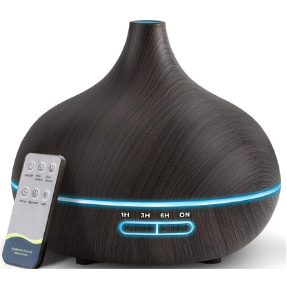 550ml essential oil diffuser with remote control and soundwave technology, auto shut off, 4 timing settings, and 7 LED lights for home or office use.