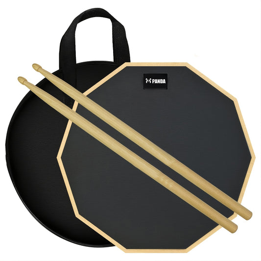 Panda 12-inch double-sided silent drum pad set with mute tips, drum sticks, and storage bag - ideal for realistic drum practice.