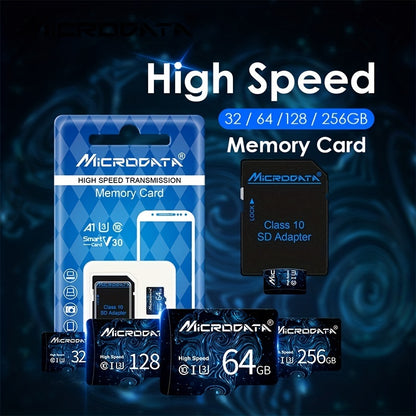 New micro TF SD cards with 32GB SDHC Class 10 for fast storage, also in 64GB, 128GB, and 256GB U3 SDXC mini flash drives for smartphones with an SD adapter.