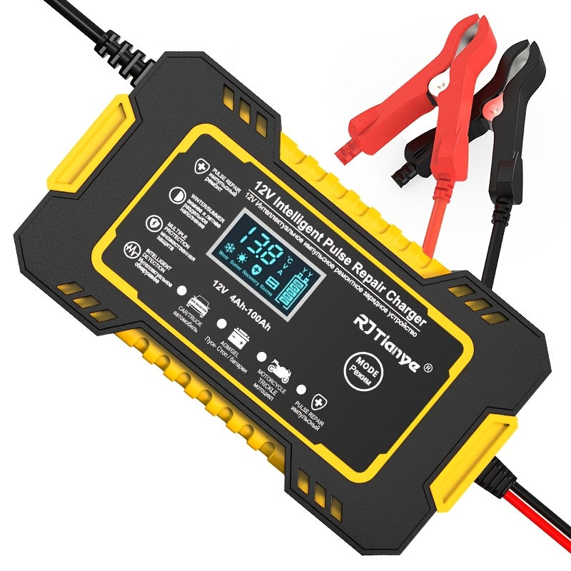 Car Battery Charger for 12V 2-100Ah batteries with desulfation and temperature compensation, designed to maintain car batteries.