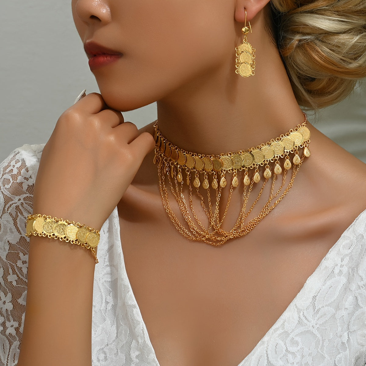 Stylish Four-Piece Set of Tassel Necklace, Coin Earrings, and Bracelet in 18K Gold Plating, Perfect for Everyday Wear