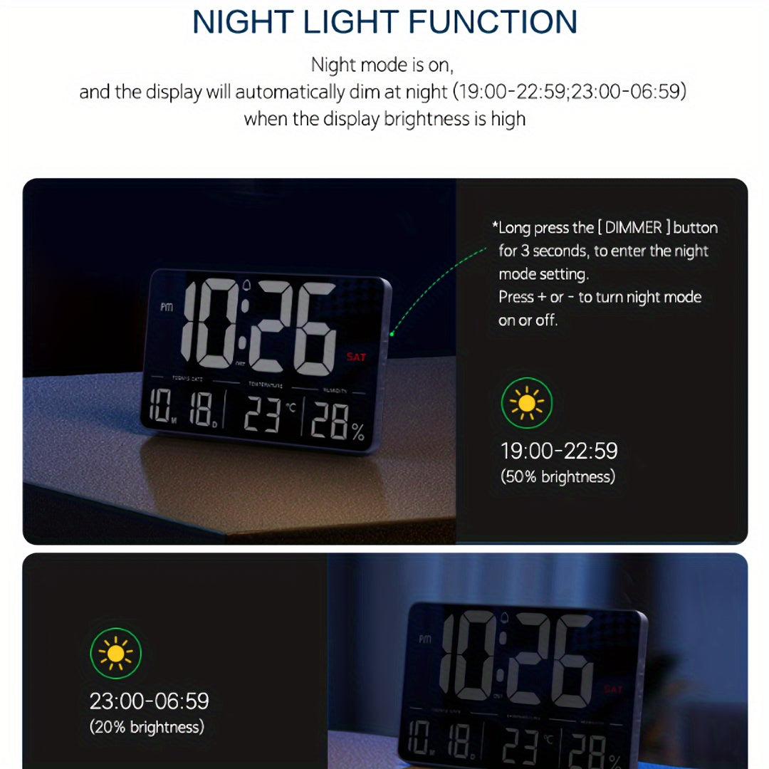 This LED Digital Wall Clock measures 33.27cm and comes with a remote control. It features adjustable brightness, a calendar, temperature display, and a snooze function. The clock can be set to display in 12 or 24-hour format and is ideal for use in the