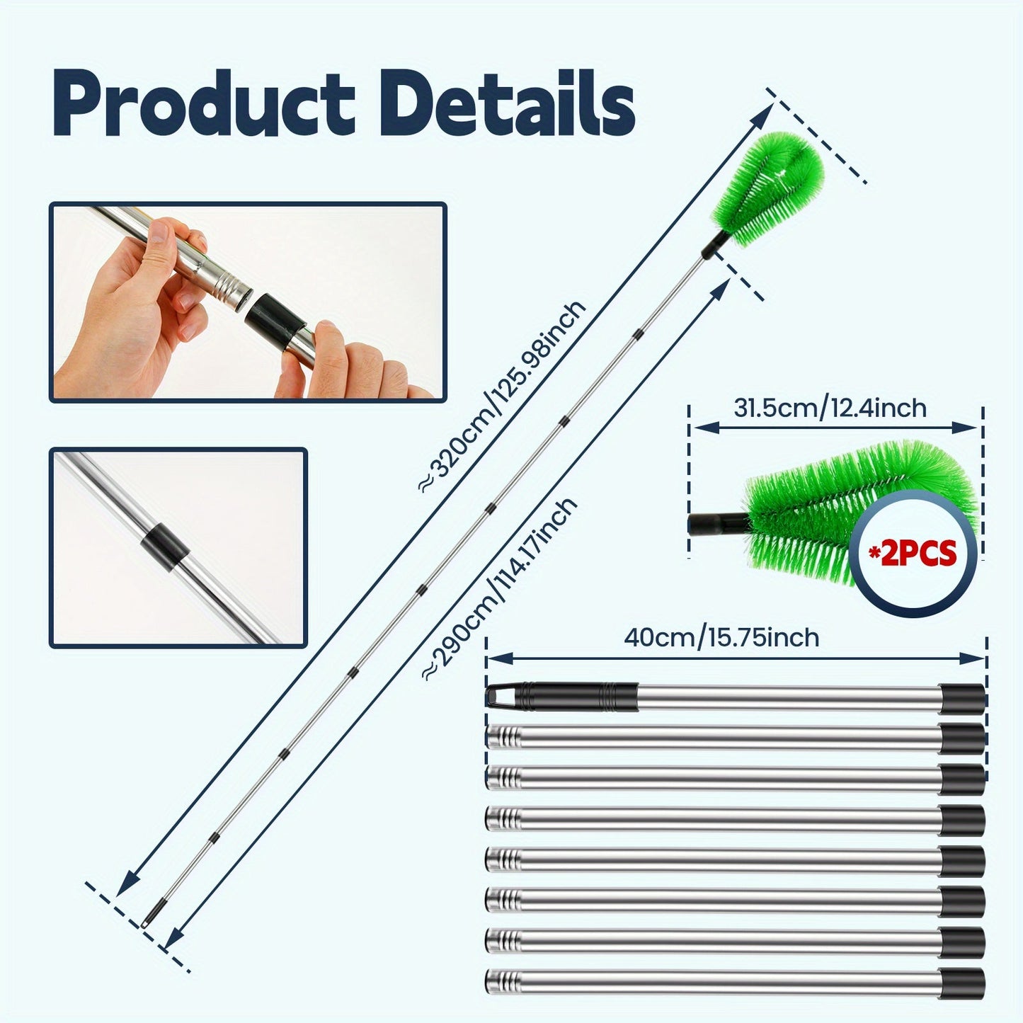 BUSIZH Telescopic Gutter Cleaning Brush Set includes 1 plastic brush designed for cleaning gutters without the need for electricity. This set of manual leaf debris cleaner tools is perfect for maintaining courtyards and patios. The extendable pole makes