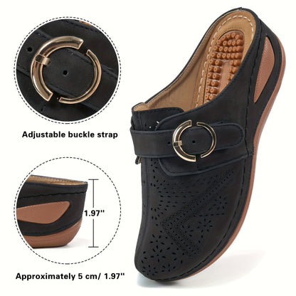 Women's trendy wedge clogs with closed toe and buckle strap decor, casual outdoor slide sandals.