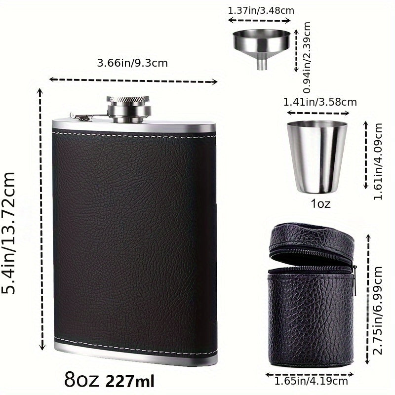 8oz stainless steel flask set with leather wrap, 4 cups, and funnel. Leak-proof for whiskey, rum, and vodka. Perfect gift for men and women.