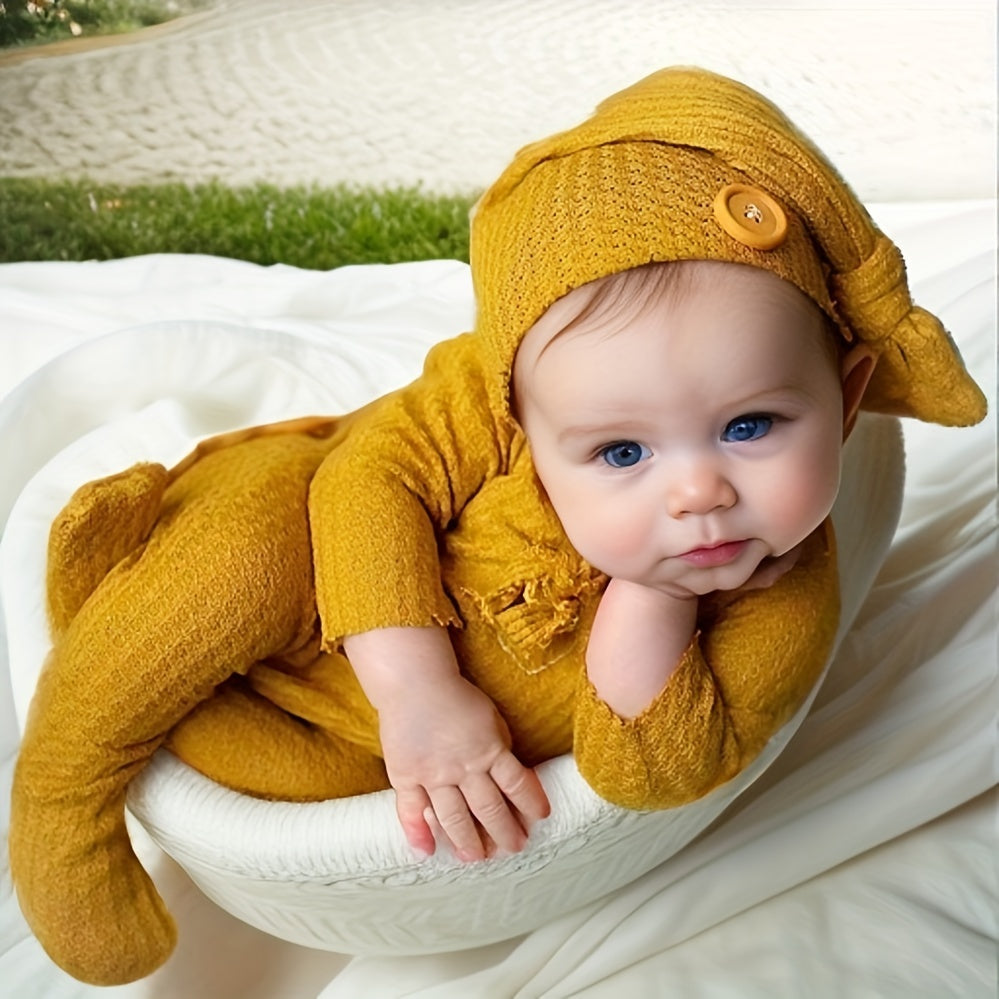 Newborn baby boy clothes set including a long sleeve knitted romper bodysuit, beanie cap, perfect for photography props and toddler photo shooting outfits. Great as a gift for Christmas, Halloween, or Thanksgiving Day.