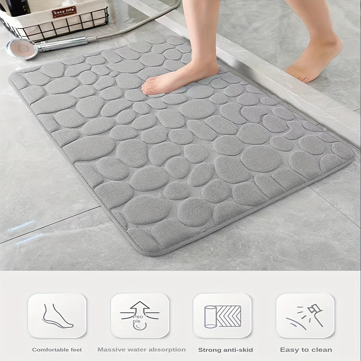 Cobblestone Embossed Bathroom Bath Mat - The Perfect Addition to Your Shower Room! This machine washable bath rug is designed for rapid water absorption, with a non-slip backing for added safety. Keep your bathroom floors dry and comfortable with this