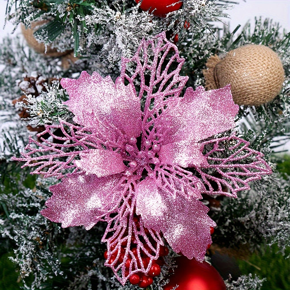 10 artificial Christmas flowers, 9cm/3.54in, glitter tree ornaments made of polyester and plastic. Suitable for home, kitchen, parties, and First Communion. No power required, festive holiday decoration.