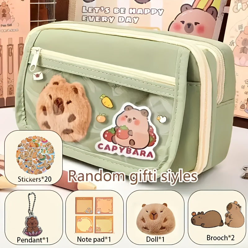 6-piece Capybara pencil case set with zipper, includes canvas bag, transparent storage box with compartment, doll, stickers, clips, and notepad.