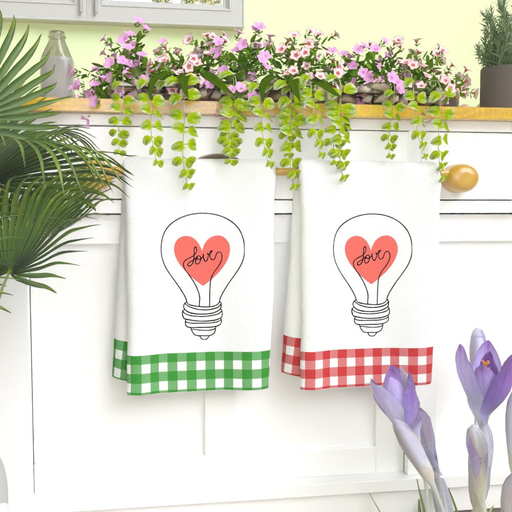 Valentine's Day Heart Bulb Design Kitchen Towels - Set of 2 | 45.72x66.04cm | Super Absorbent & Quick-Dry | Soft Polyester | Ideal for Kitchen, Bathroom & More | Great Gift | Decorative Towels | Machine Washable | Dish Towels