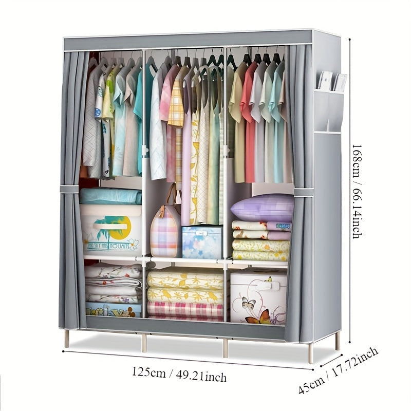 Metal Fabric Wardrobe Organizer with Clothing Storage Rack, Easy Assembly Closet System for Shirts, Clothes, and Quilts. Versatile storage solution for home, dorm, or bedroom. Requires no power, weather-resistant, and weighs under 13.61KG with a height