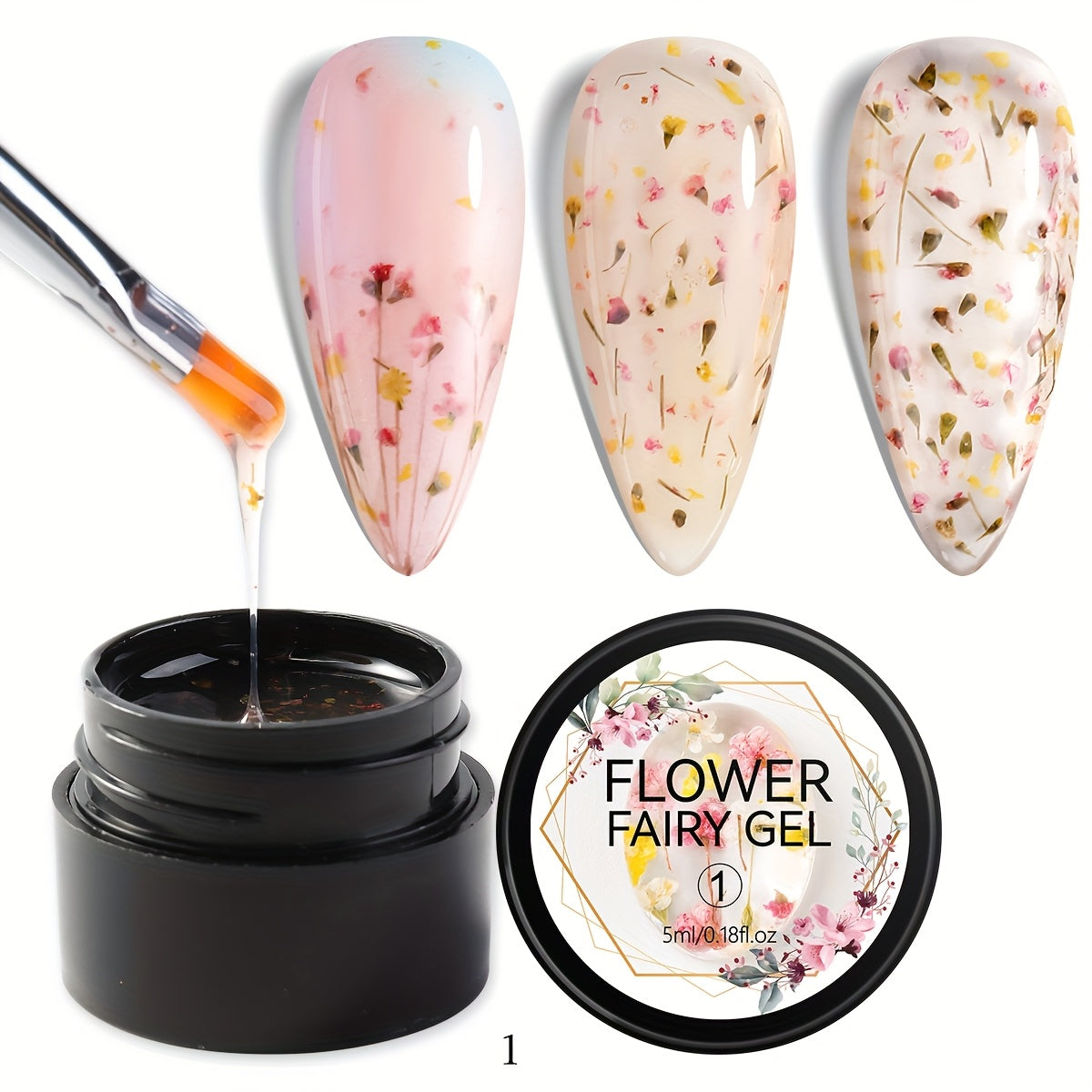 1 bottle of unscented metal compatible soak-off gel nail polish with dried flower design in colors of pink, red, yellow, and blue. Ideal for DIY manicures and nail art.