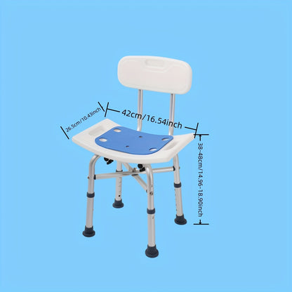 Adjustable shower stool with backrest for seniors and disabled adults, supports up to 199.58 KG, with non-slip legs.