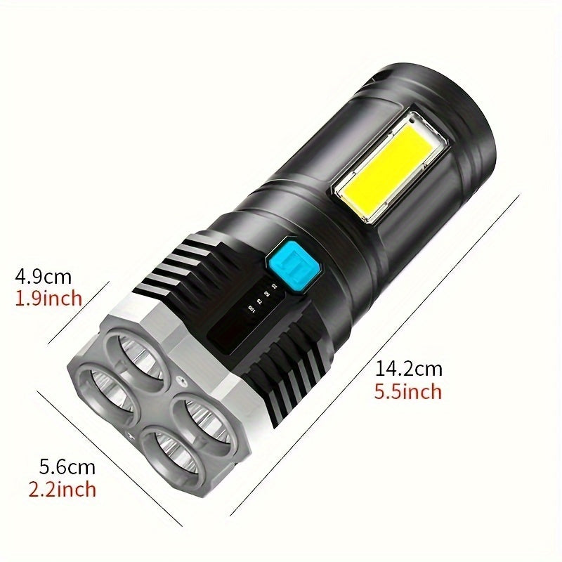 Staaricc LED flashlight with USB rechargeable COB side light, 4 modes, dimmable, push button control, IPX-4, ABS plastic, outdoor use, includes cable and 400mAh battery.