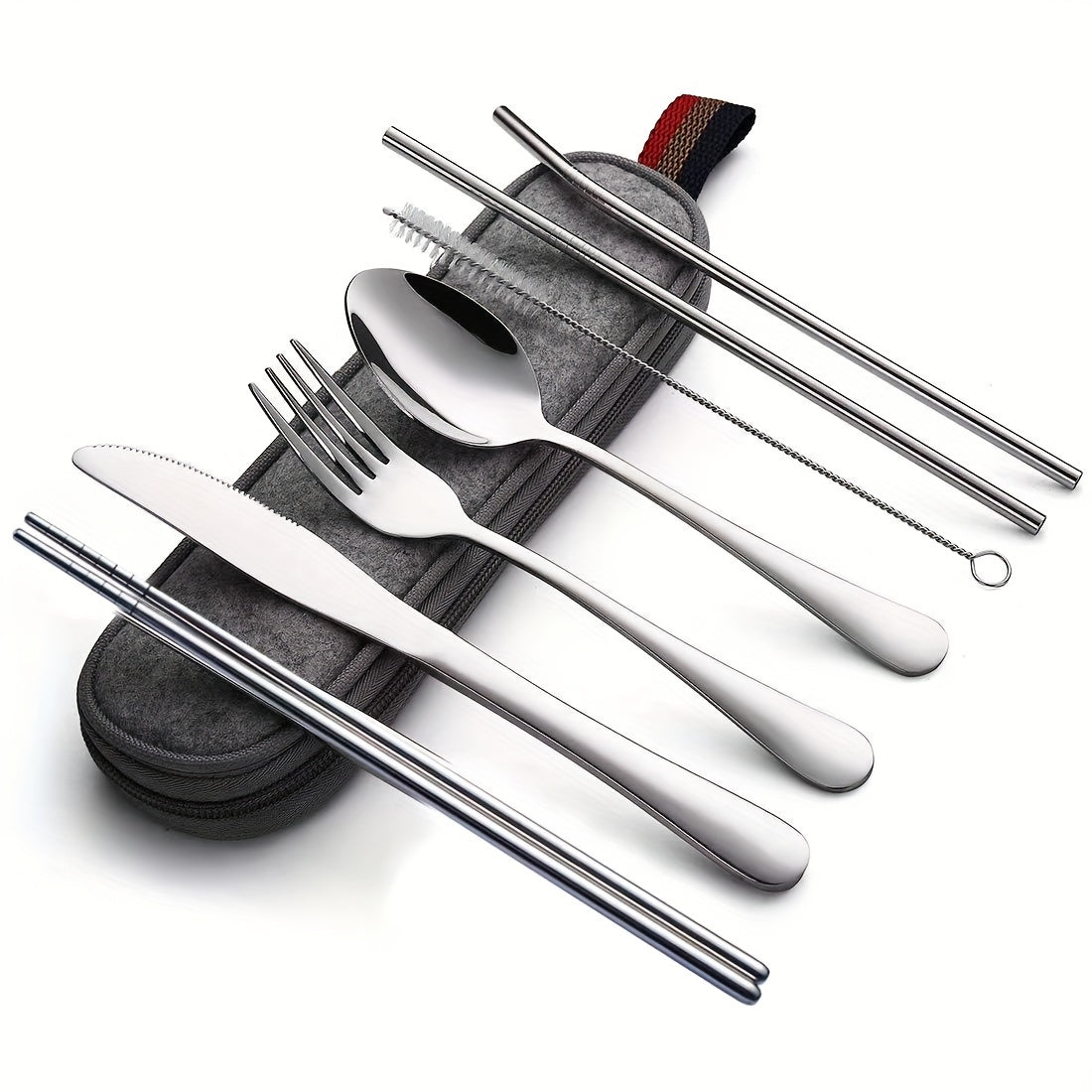 Travel camping set with 8 pieces of stainless steel cutlery includes knife, fork, spoon, chopsticks, cleaning brush, straw, and carry case.