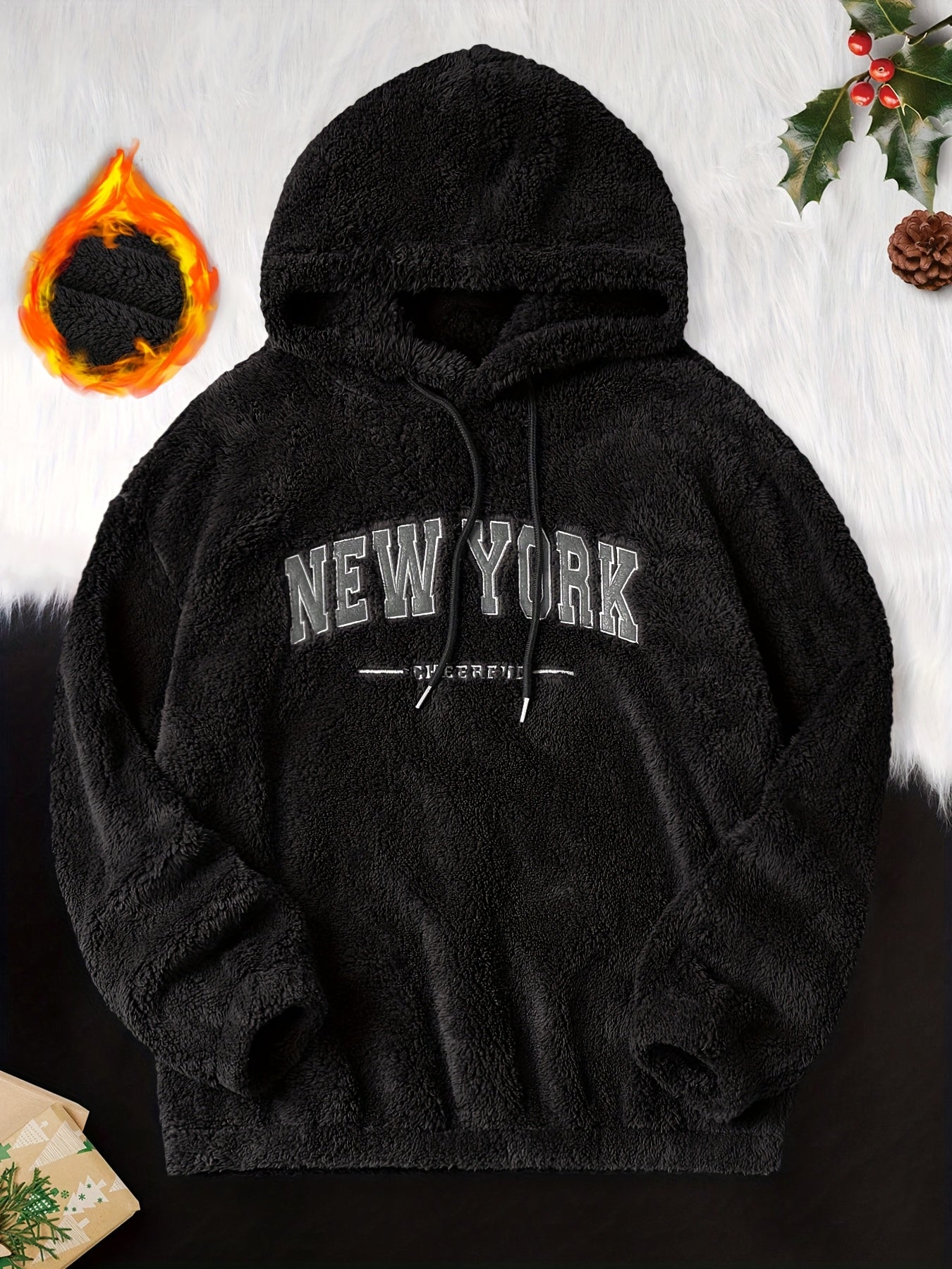 Men's cozy fleece hoodie with drop shoulder, embroidered "New York", perfect for winter/fall back to school.