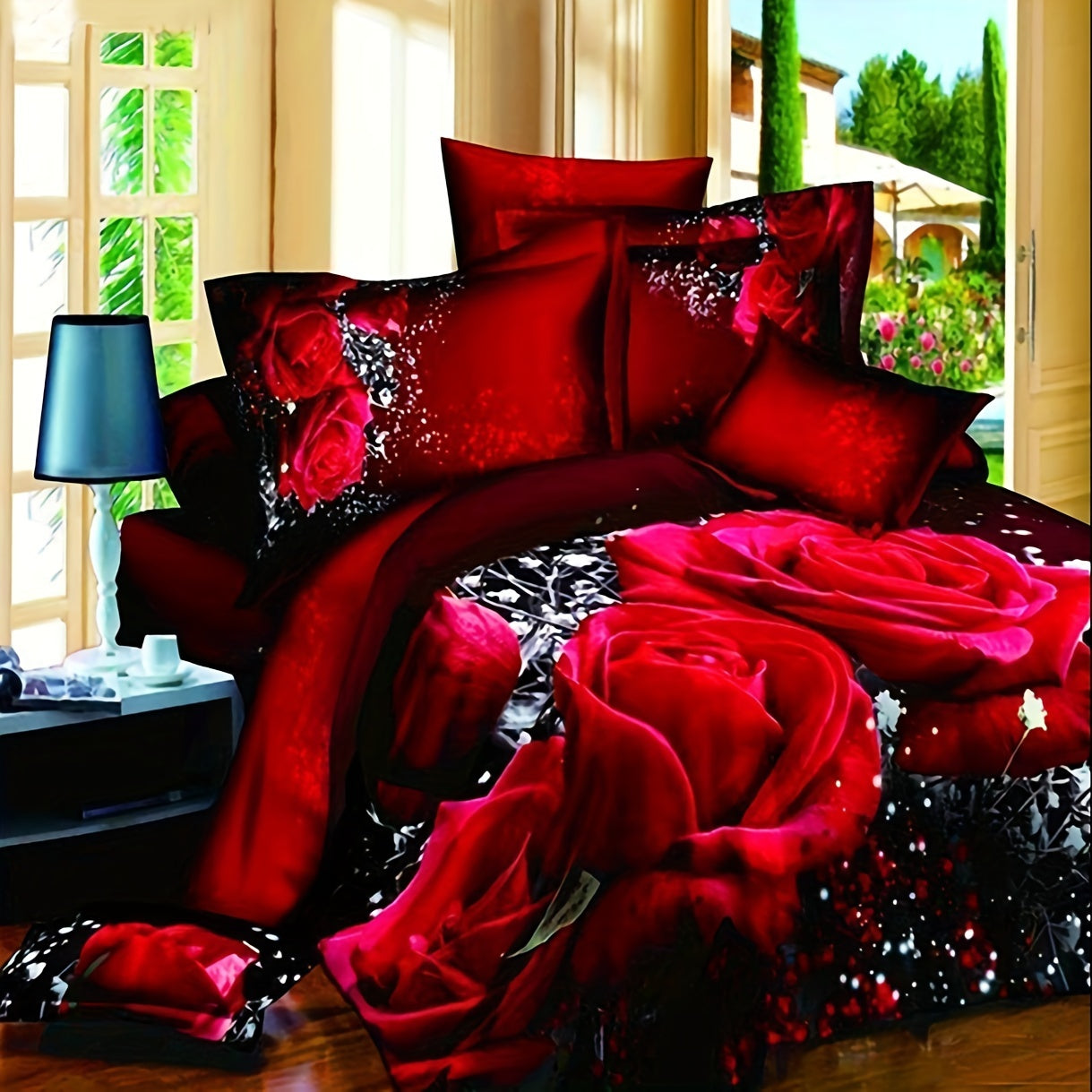 Red Rose Print Bedding Set includes 2/3 pieces with a duvet cover and pillowcases. This bedroom decor set does not include filler. Each set contains 1 duvet cover and 1 or 2 pillowcases, without pillow core.