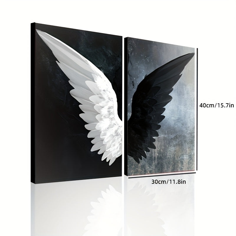 Set of two modern black and white angel wings canvas prints for living room, bedroom, office, or hallway decor. Frames not included.