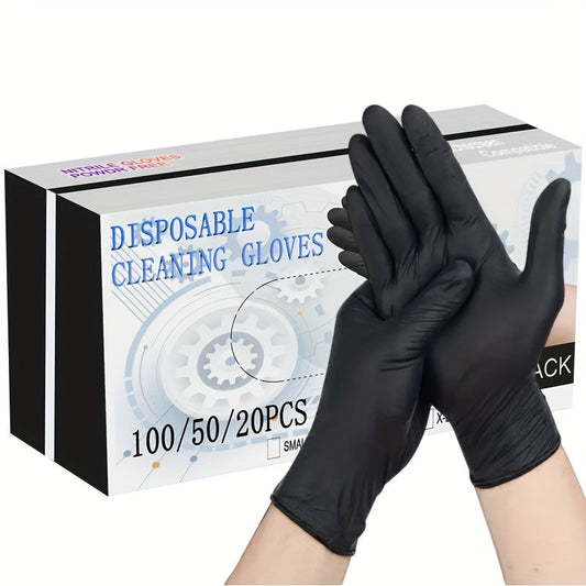 Get a pack of black disposable nitrile gloves in sets of 100, 50, or 20 pieces. These gloves are perfect for a variety of tasks such as kitchen dishwashing, cleaning, tattooing, working in hotels, hair salons, and pet care. They are essential tools for