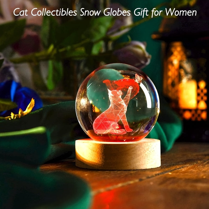 Cat Crystal Ball Night Light on Wooden Base, 5.99cm Lamp for Cat Lovers, Snow Globe Gift for Women - $1pc