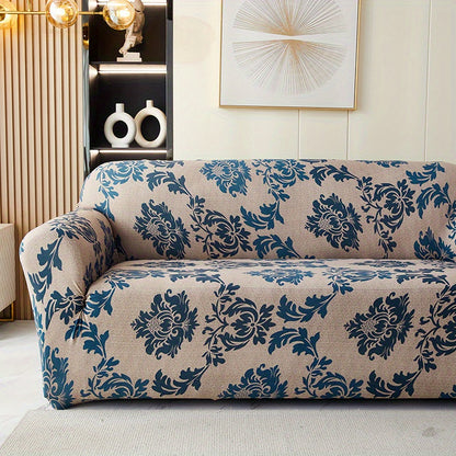 Modern printed sofa slipcover with elastic closure, made of 95% polyester and 5% spandex. Machine washable with active printing and stitched craftsmanship. Fits armchairs to sectional sofas, weighing 100-120gsm fabric.