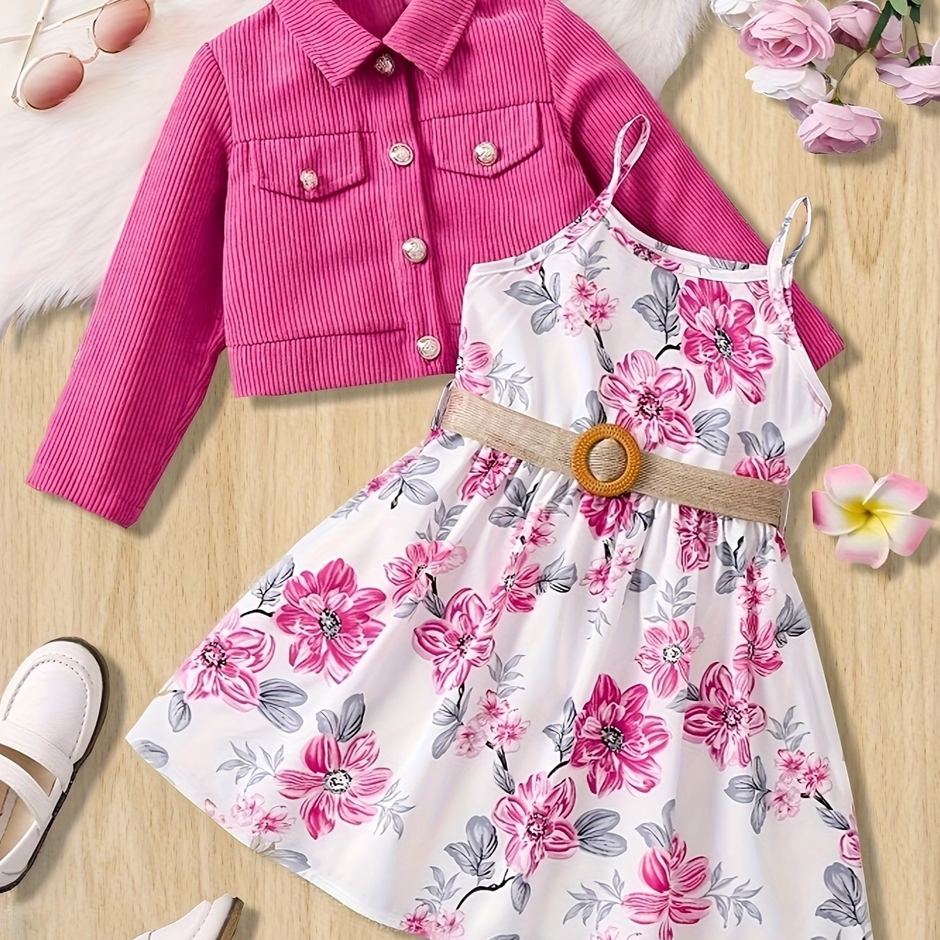 2PCS Girl's Stylish & Trendy Casual Outfit: Ribbed Corduroy Jacket, Floral Cami Dress, and Belt for Outdoor Spring & Fall Party.