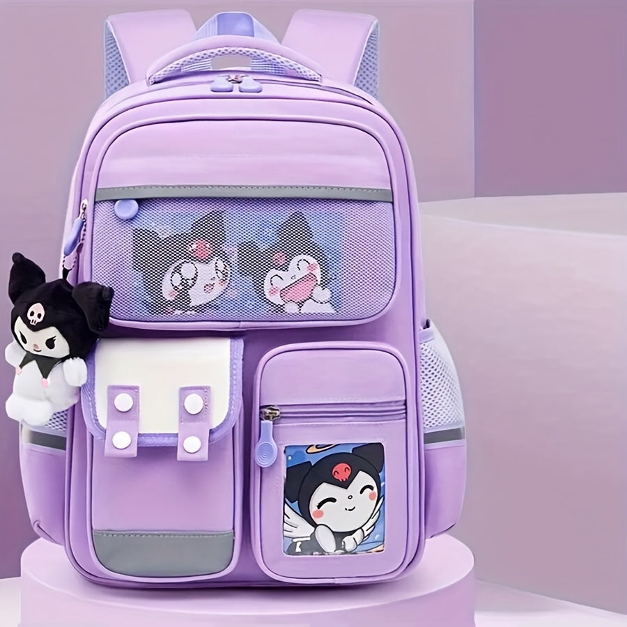 Kawaii Kuromi-themed school backpack with multiple pockets, lightweight design, shoulder straps, and compartments for organizing supplies and rewards.