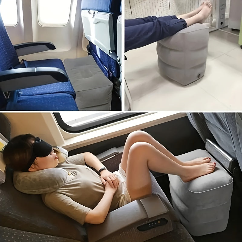 Inflatable Airplane Foot Rest Pillow designed for comfort - Adjustable Height, 3-Layer Support, Portable for Travel & Home Use, Made with Soft Non-Woven Material, Comes with Storage Bag, Perfect for on-the-go relaxation.