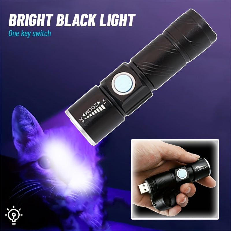 1pc Rechargeable UV flashlight for detecting pet urine stains, curing resin, and hunting scorpions.