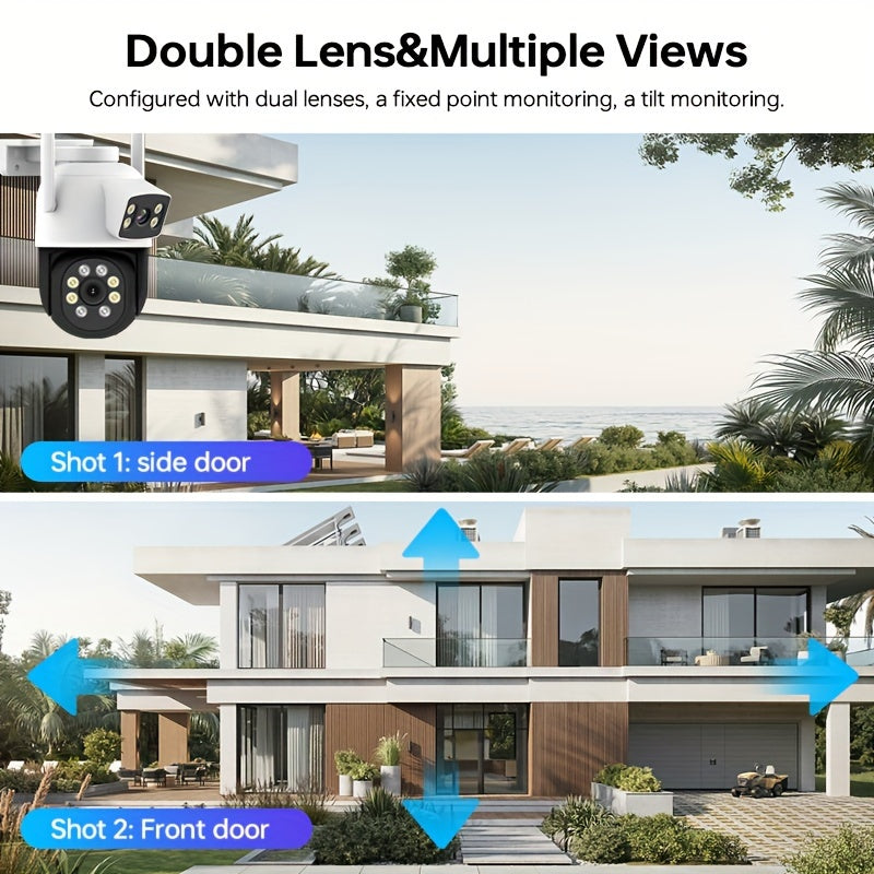 Zhxinsd 4MP Dual Lens Security Camera features 2.4/5GHz WiFi connectivity, motion detection, indoor/outdoor wireless home surveillance, 2-way audio, full color night vision, and is USB powered. Suitable for ages 14 and up, this camera does not require a