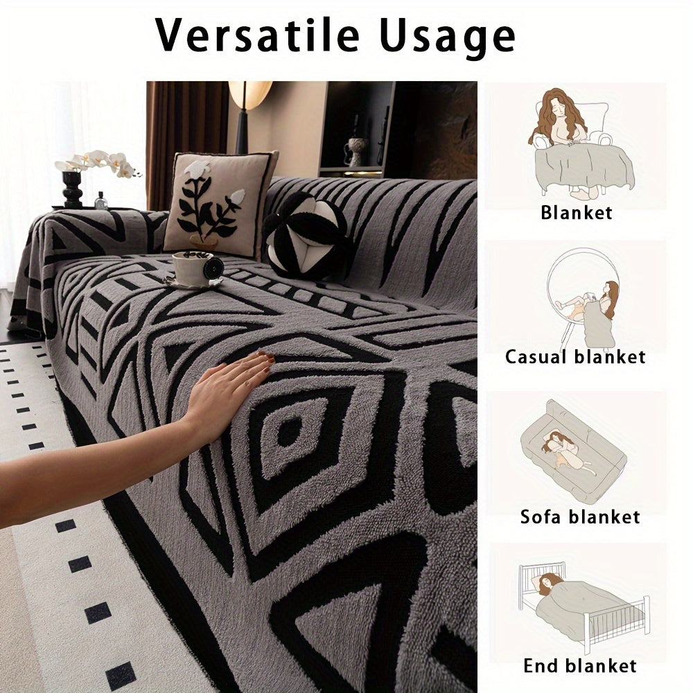 Boho style geometric sofa throw with velveteen fabric. Machine washable cover is anti-dirt, anti-slip, and pet-friendly. Made of 100% polyester for various sofa sizes.