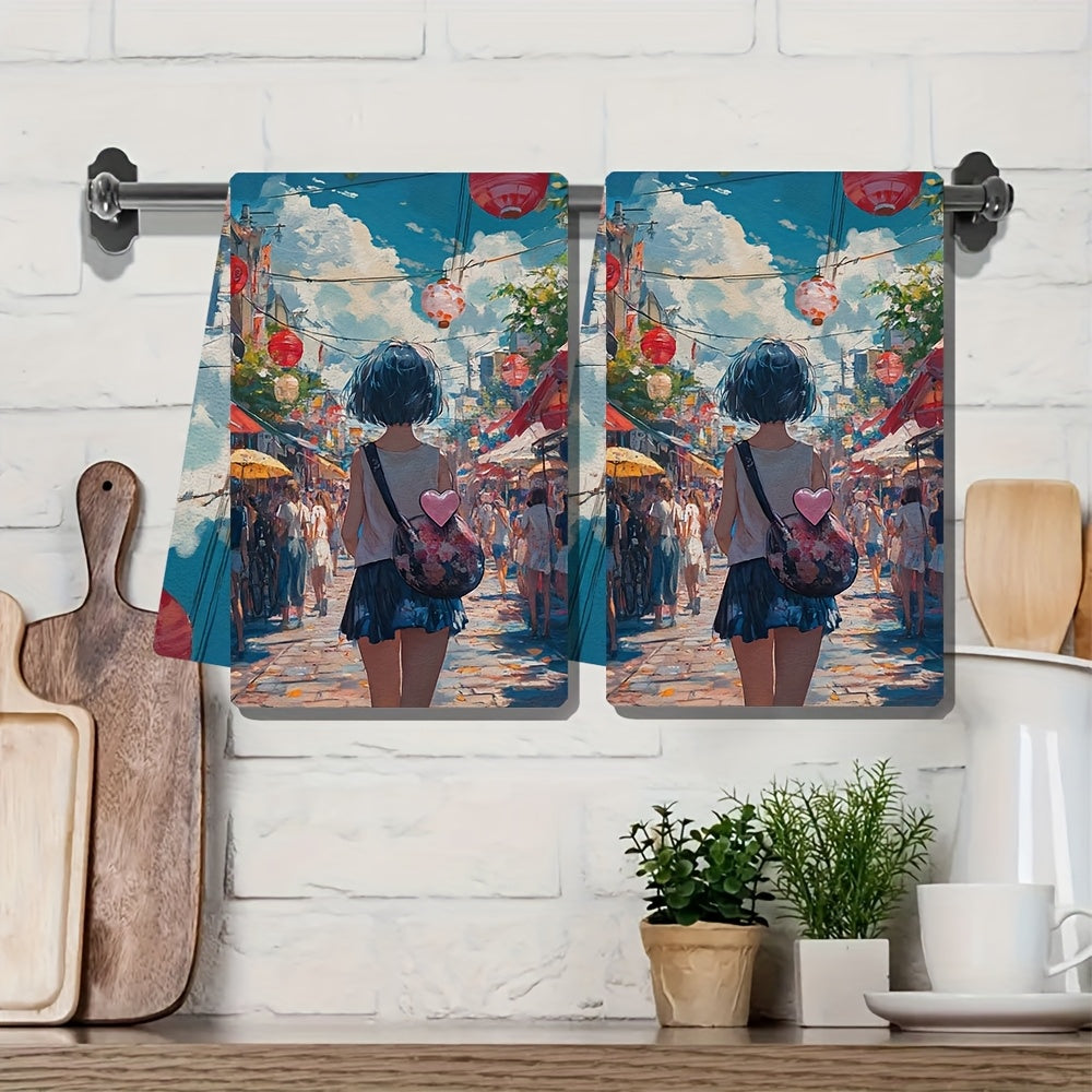 Two-Pack of Ultra Soft Polyester Kitchen Towels with a Contemporary Style, High Absorbency, and Machine Washable feature. Rectangular Dish Hand Towels with a Coastal Theme measuring 40.64x60.96 cm.