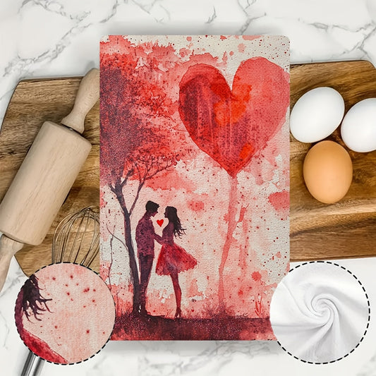 Valentine's Day Kitchen Towels Bundle - Set of 2, Modern Coastal Design, Highly Absorbent Polyester Knit Material, Easy to Clean in Washing Machine, Size 40.64x60.96 cm, Featuring Love & Glitter Theme for Festive Decoration.