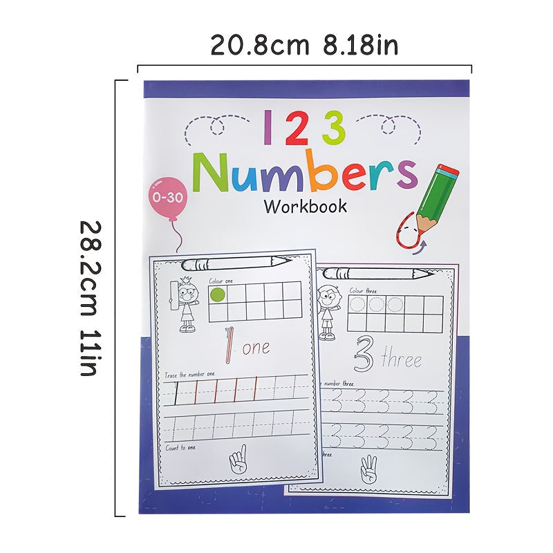 Children's A4 Workbook for Practicing Writing and Coloring Numbers 0-30 with an Emphasis on Developing Grip and Control.