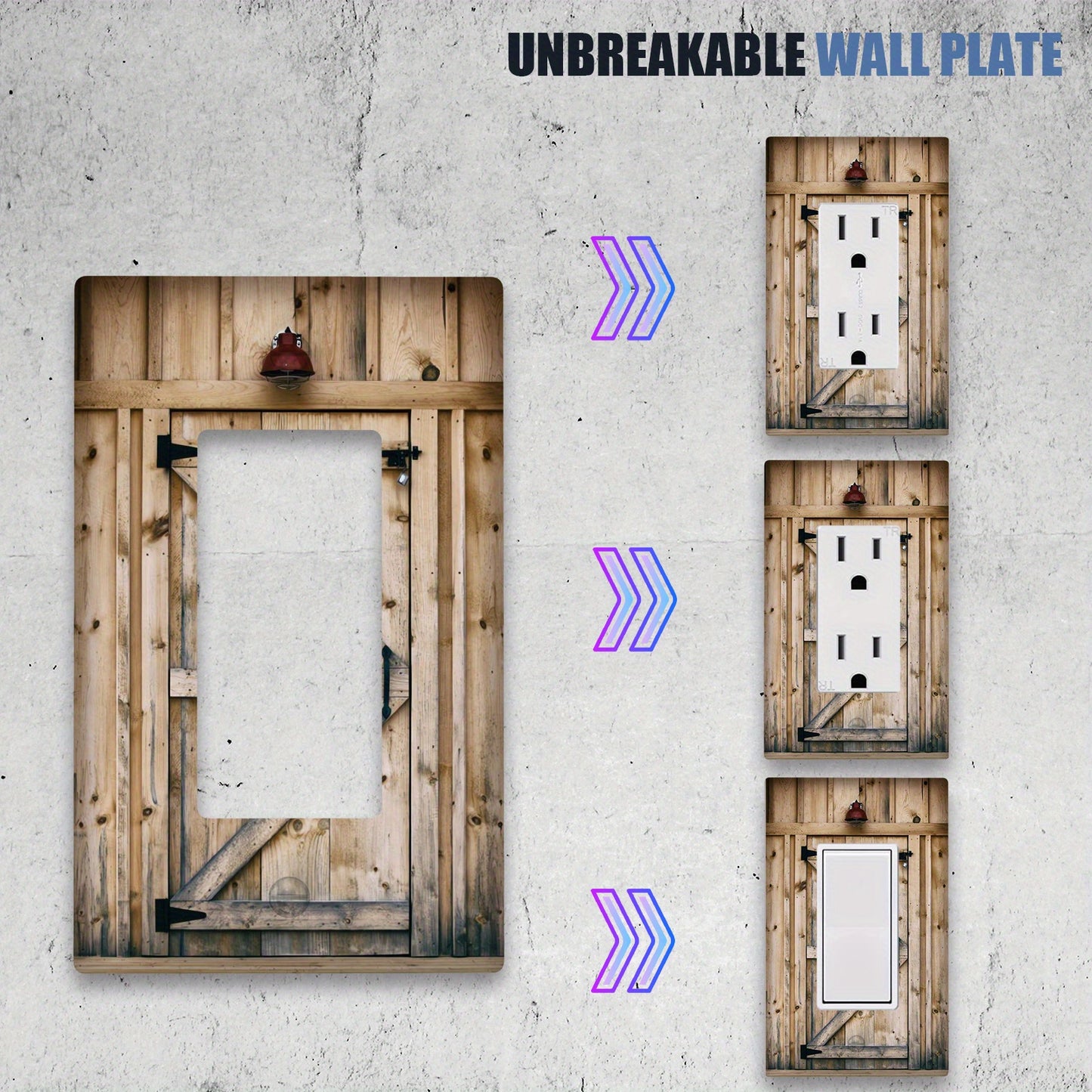 Rustic barn door design wall plate cover, decorative light switch and outlet receptacle plug face plate, no electricity needed, versatile for room decor.