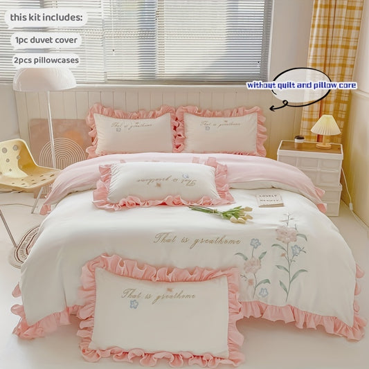 Elegant embroidered bedding set featuring lace duvet cover and pillowcases.