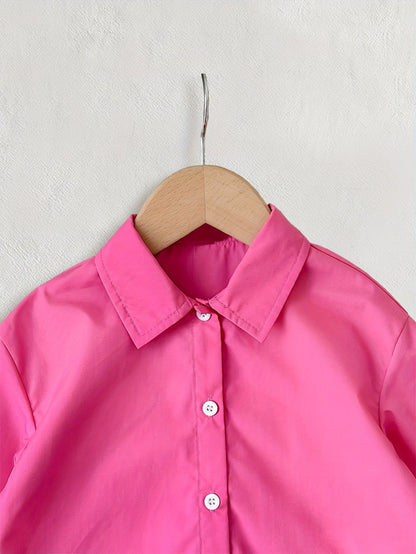 Pink button-up shirt jacket for girls made of casual polyester, ideal for spring/fall. Suitable for toddlers and kids.