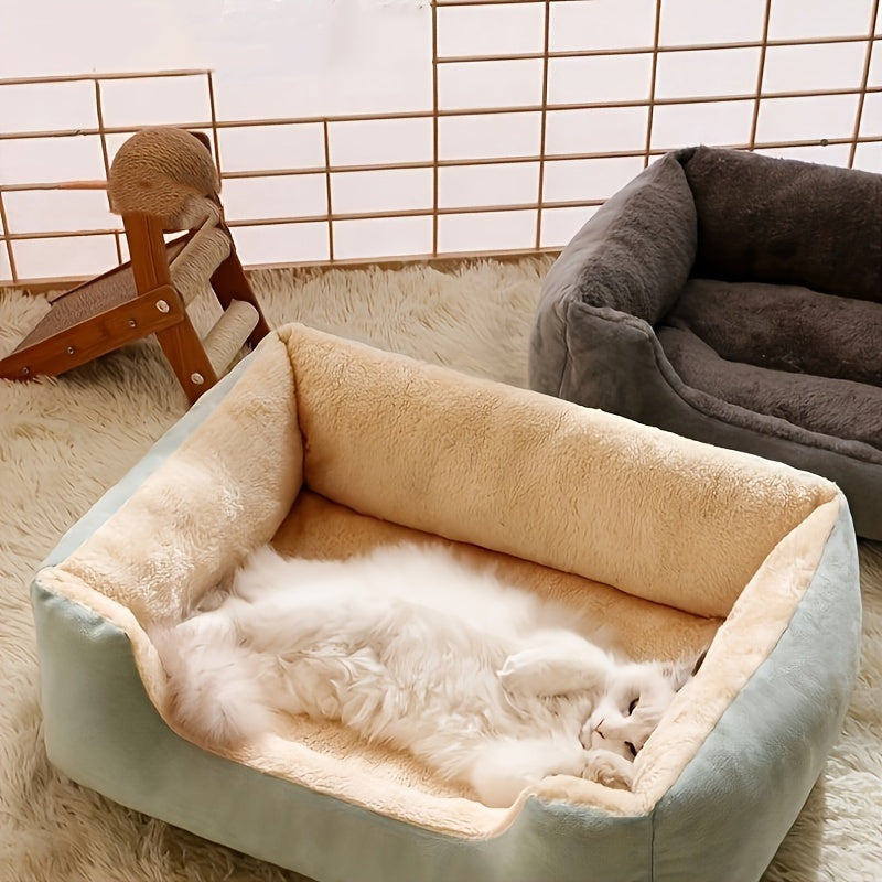 Cozy plush pet sofa bed for cats and small dogs in gray with modern design. No assembly required, perfect for indoor comfort.