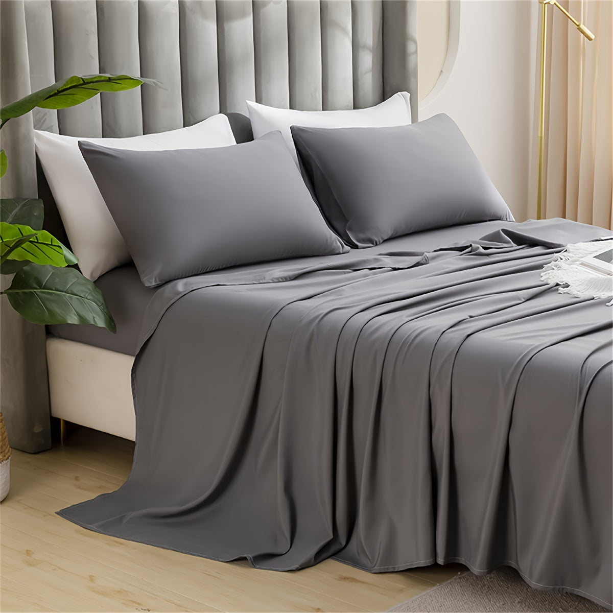 Soft and plush pillowcase with a solid color design, featuring a thick and cozy feel. Includes an envelope closure and is machine washable, making it ideal for creating a comfortable bedroom atmosphere.