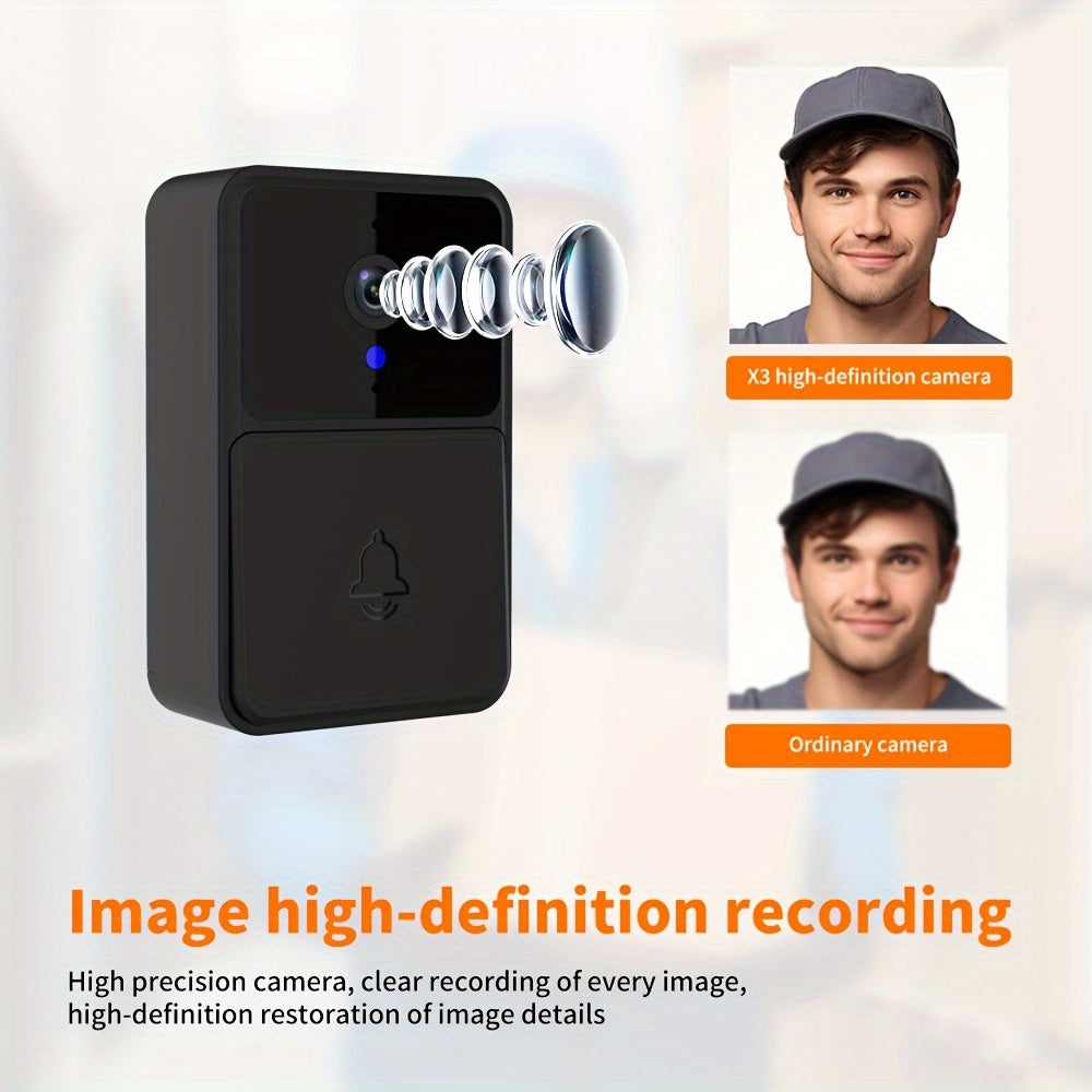 Smart WiFi doorbell with HD camera, two-way audio, night vision, motion detection, and black finish.