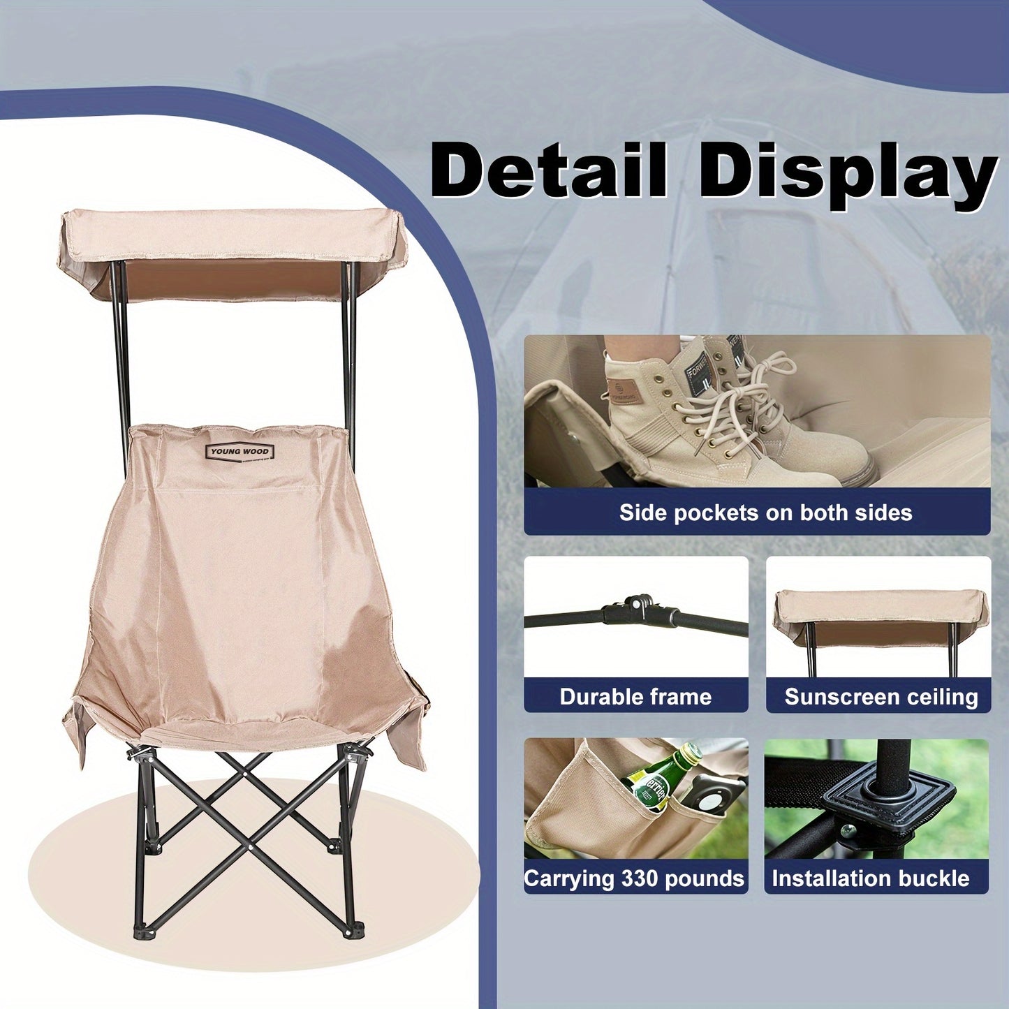 Portable folding camping chair with adjustable sun shade canopy, side pockets, 50+UPF sun protection, durable 600D Oxford fabric. Supports up to 149.69 KG, ideal for beach, camping, outdoor