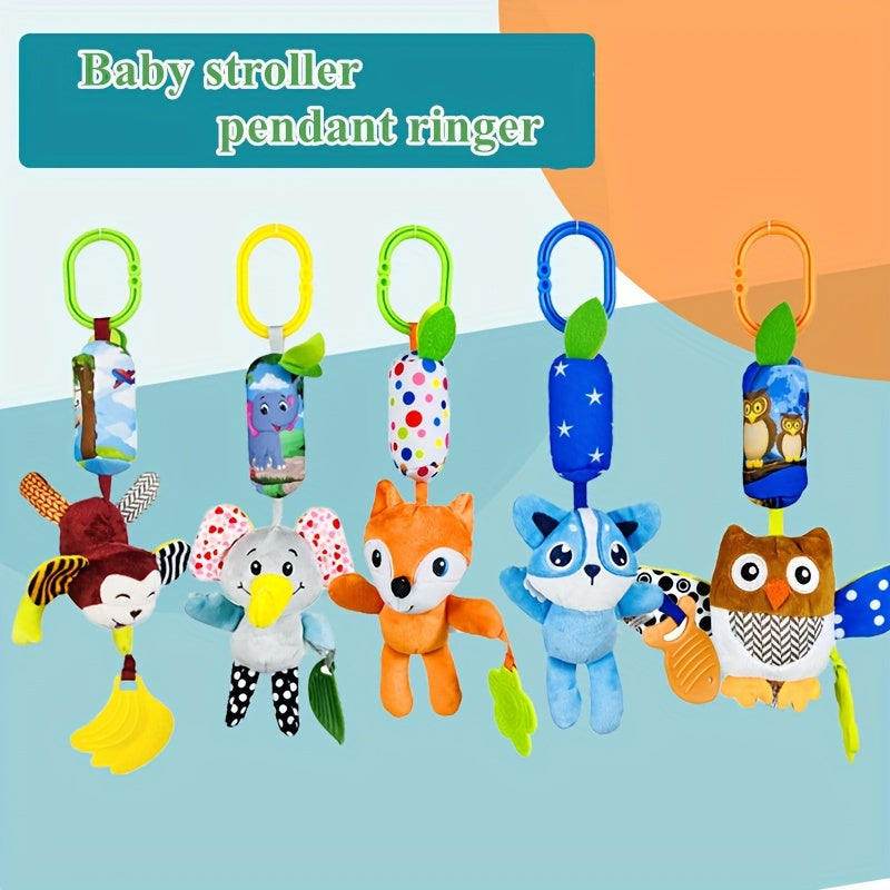 Cute Animal Wind Chime Teething Toy featuring Cartoon Fox, Blue Cat, Monkey, Elephant & Owl - Great for Babies' Crib or Car Seat - Perfect for Christmas, Thanksgiving, Halloween, and Easter gifting.