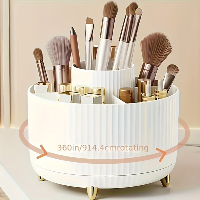 Multi-functional plastic cosmetic storage box spins for easy access to makeup, brushes, skincare, and more on bathroom countertops.