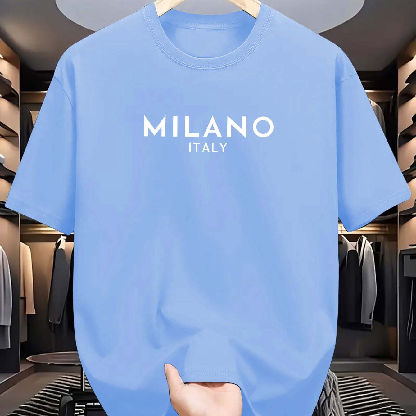 Men's Milano Italy Print T-Shirt, Casual Crew Neck Tee with Polyester Knit Fabric, Summer Short Sleeve Top with Stretch, Fashionable Regular Fit for Adults.