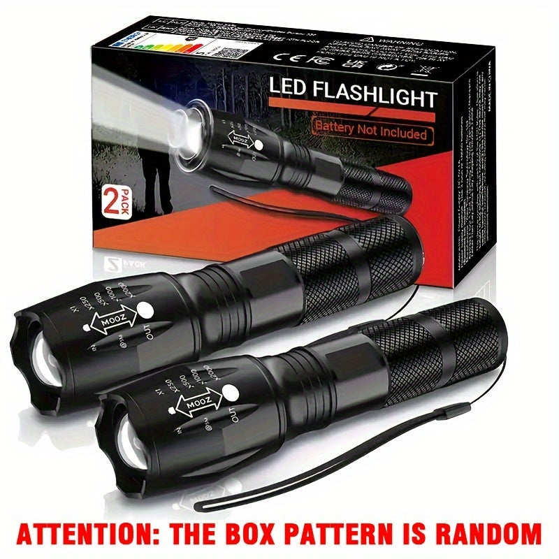 2 LED zoomable flashlights made of bright aluminum alloy for camping, hiking, fishing, emergencies. Batteries not included.