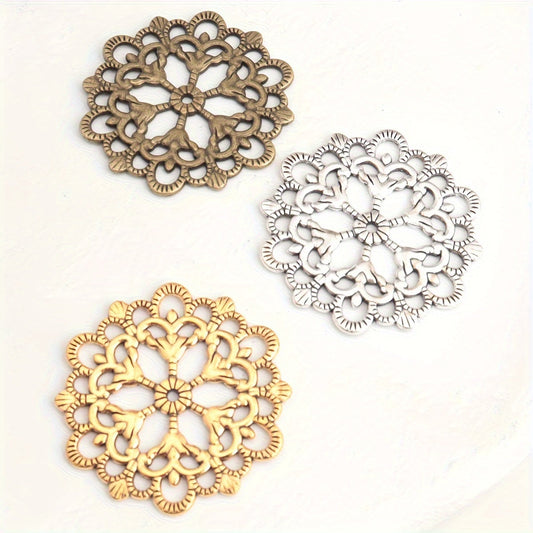 Set of 30 Antique Silvery/Ancient Golden/Bronze Hollow Lace Flower Round Combined Golden Pendants, 30mm/1.2 Inch in Size. Perfect for Christmas Decoration and DIY Jewelry Making