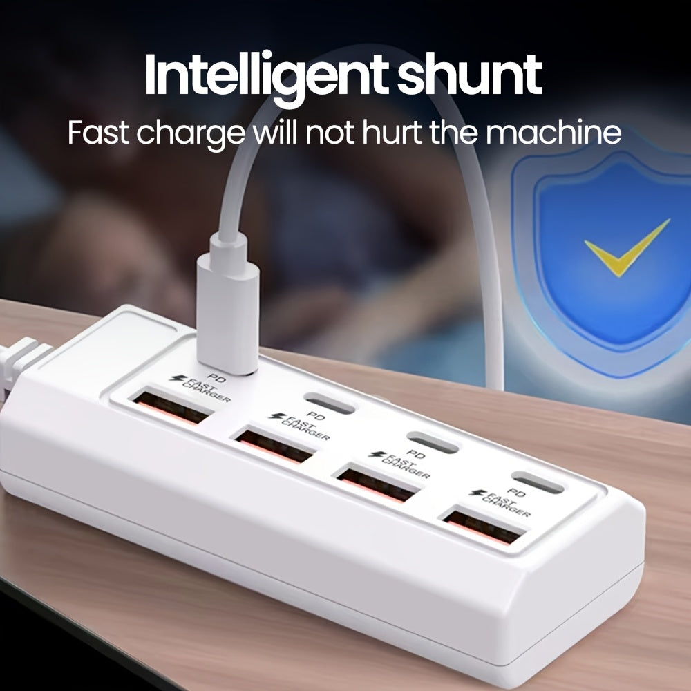 8-port USB adapter with 4 USB and 4 PD ports, 25W fast charging hub compatible with various USB devices and suitable for 5V devices like computers, laptops, and tablets.