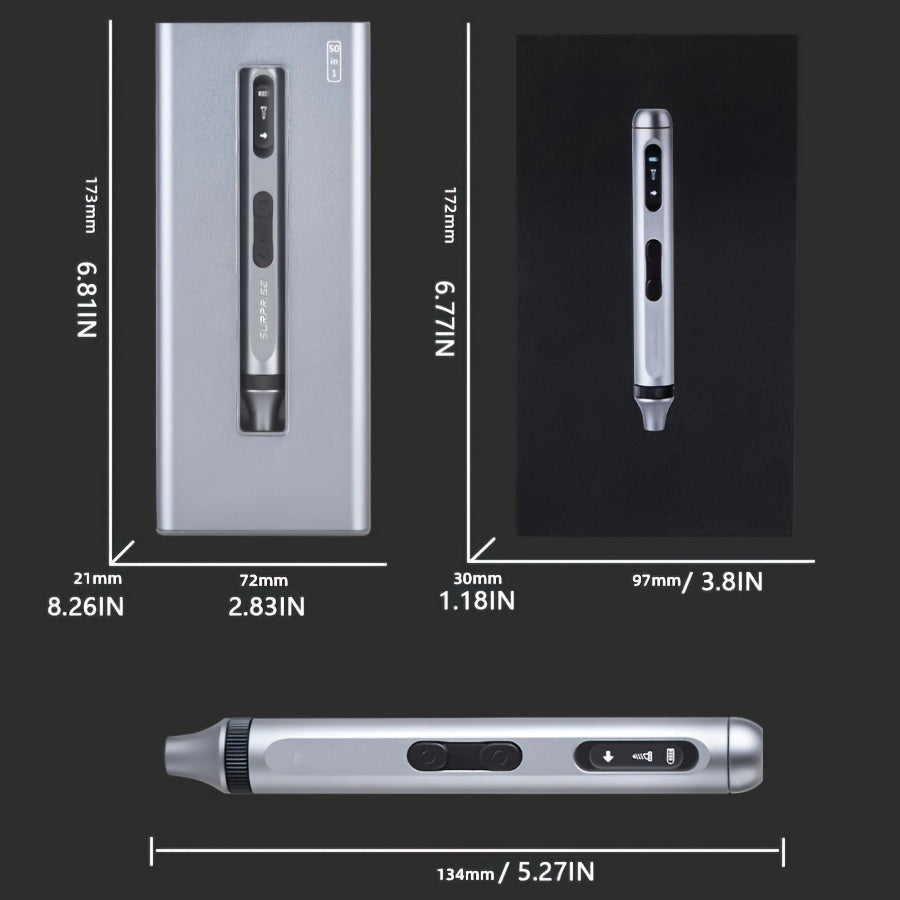 Precision Electric Screwdriver Set with 50-in-1/16-in-1 options, rechargeable high torque, multifunctional, quiet, and durable. Ideal for electronics and DIY projects. Includes extended
